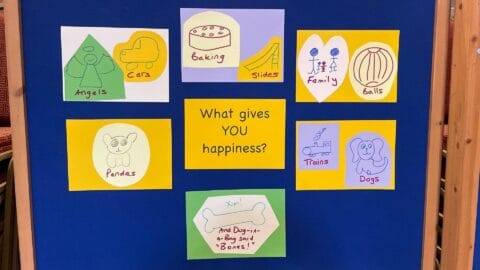A display of pictures to illustrate what the children at Tots Praise think makes them happy. Pictures include a car, a train, a dog, a panda, an angel and a slide.